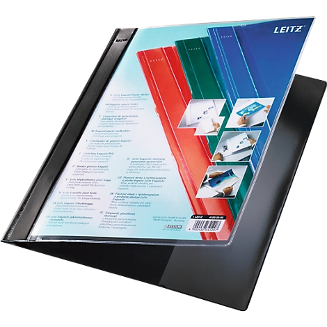 Black Leitz presentation folder, open, with red, green and blue sheets, text on the inside, the folder is partially open.