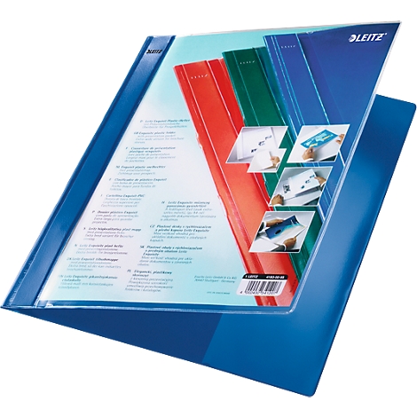 Leitz presentation folder with various colored inner pages, some transparent. The folder is blue, with other colors below.