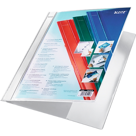 A transparent folder filled with red, green, and blue documents. The folder is slightly open, the Leitz logo visible.