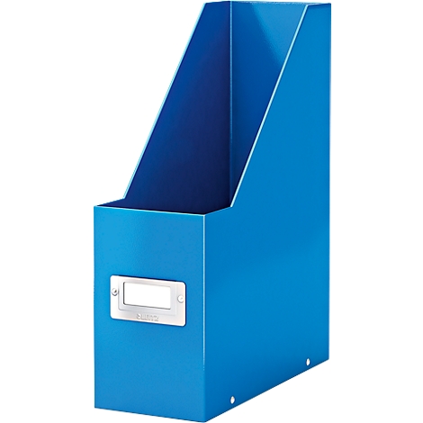 Blue magazine rack with label, on a white background.