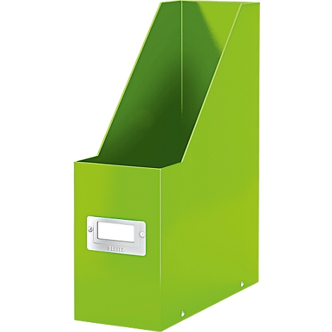 Green magazine holder with rectangular recess and metal plate.