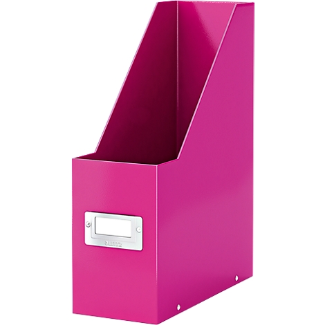 Magenta magazine holder with a nameplate.