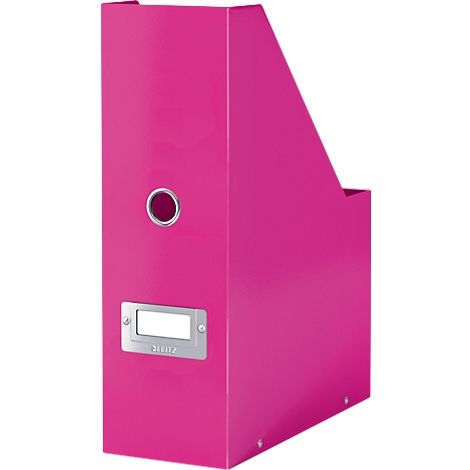 Pink magazine file with silver details. Features a hole and a name tag.
