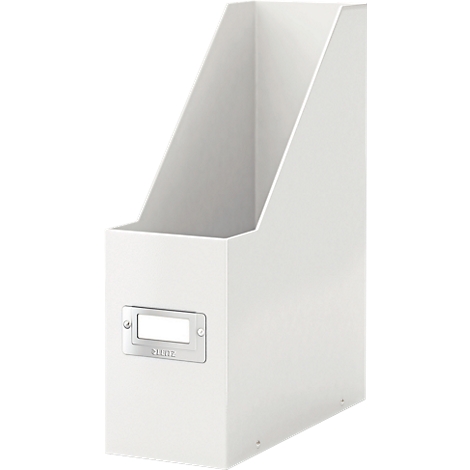 White, standing magazine file with a rectangular name plate with Leitz branding. Open, slanted cut.
