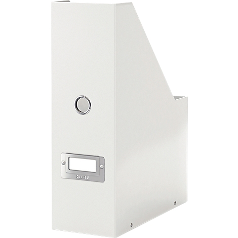 White magazine rack with metal applications.