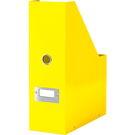 Yellow magazine rack with a round hole and nameplate.