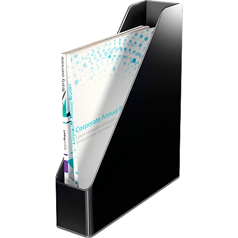 Black magazine rack with two magazines with titles. Corporate Annual Report.