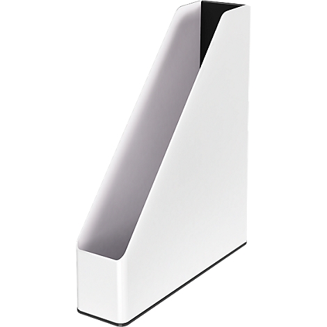 White, slanted magazine or file holder with black interior and base. Perspective view.