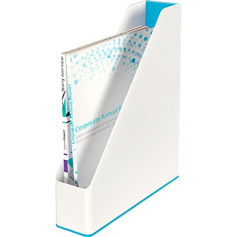 White magazine rack with blue accent, holding a book titled Corporate Annual Report.