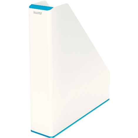 White Leitz magazine rack with a blue border. The name "Leitz" is written on the left side.