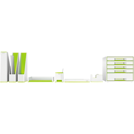 Office accessories in white and green, including pen holders, trays and a drawer cabinet.