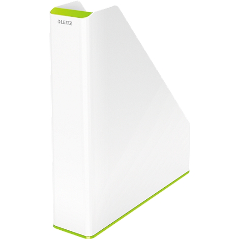 White Leitz magazine holder with green accents, standing at an angle.