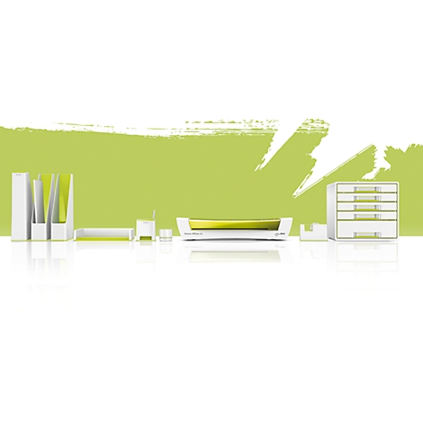 Various white office supplies with green accents against a light green background with a brushstroke effect.