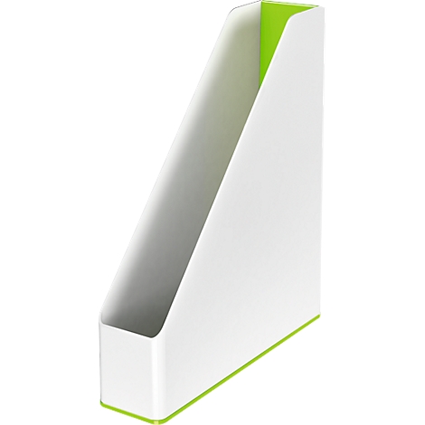 White slanted magazine holder with neon green accents.