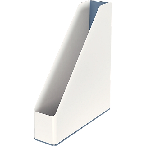 White magazine holder with blue inside. It stands slightly tilted on a white surface.