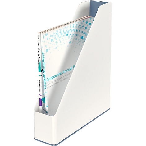 White magazine rack with a stack of magazines.