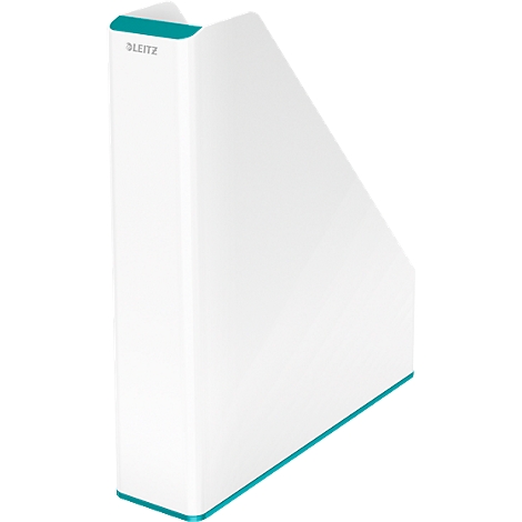 White magazine rack with turquoise accents and the lettering "LEITZ".