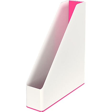 White slanted magazine rack with pink accents. Pink inside, pink edges.
