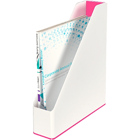 White magazine rack with pink accents. A book with the words 'Corporate Annual Report' is inside.