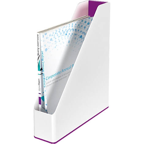White magazine holder with purple accents. It contains a book titled Corporate Annual Report.