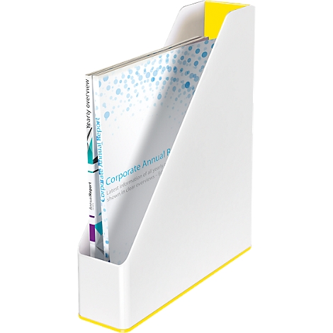 White magazine rack with yellow accents, filled with an annual report. Titles are Corporate Annual Report and Yearly Overview.
