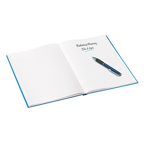Open notebook with blue cover and pen. On the right side it says "Marketing Meeting 15th of April".