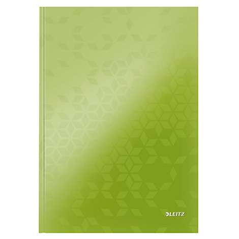 Grünes Notizbuch mit geometrischem Muster und Leitz-Logo.