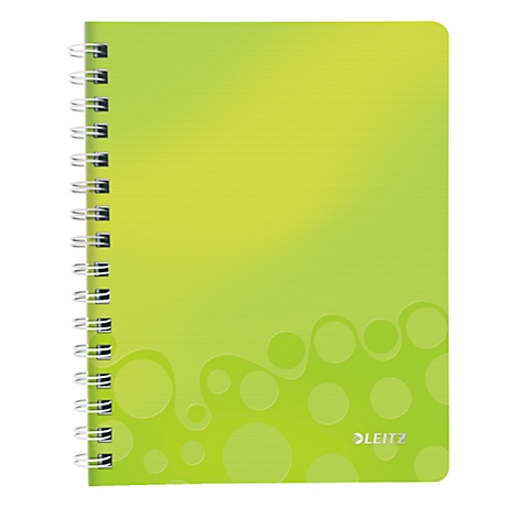Grünes Notizbuch mit Spiralbindung. Der Umschlag hat eine helle grüne Farbverlauf und ein Muster aus Kreisen.