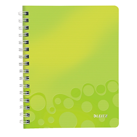 Hellgrünes Notizbuch mit Spiralbindung und dekorativen Kreisen am unteren Rand. Rechts unten steht der Markenname LEITZ.