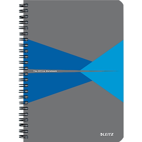 Grijs notitieboek met blauw design en spiraalbinding. Titel: The Office Notebook. Logo: Leitz.