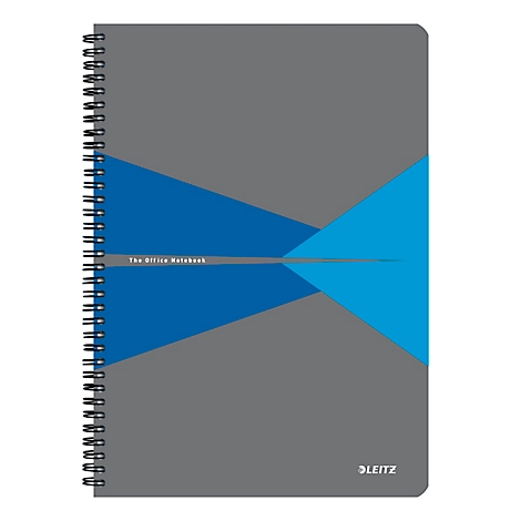 Grijs notitieboek met blauwe driehoeken en spiraalbinding. Tekst: The Office Notebook en Leitz logo.
