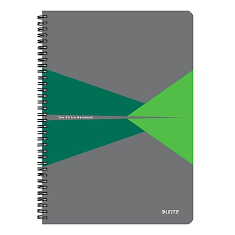 Grijs spiraalgebonden notitieboek, groen en grijs ontwerp. Opschrift: "The Office Notebook".