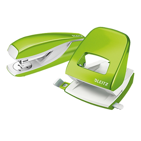 Green stapler and hole punch from the brand Leitz on a white background.