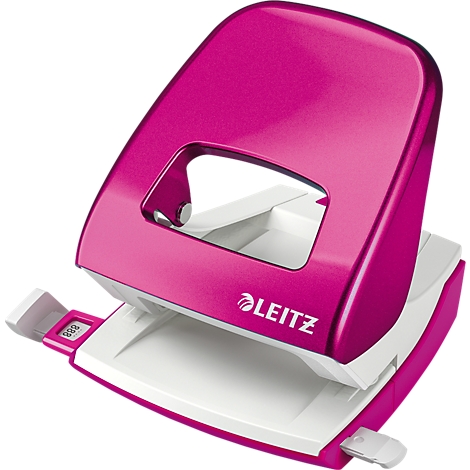 A pink hole punch from the Leitz brand. The hole punch is made of shiny plastic and has a white base.