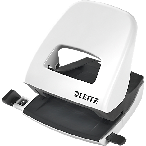 White hole punch with black base and Leitz logo. The product is slightly tilted.