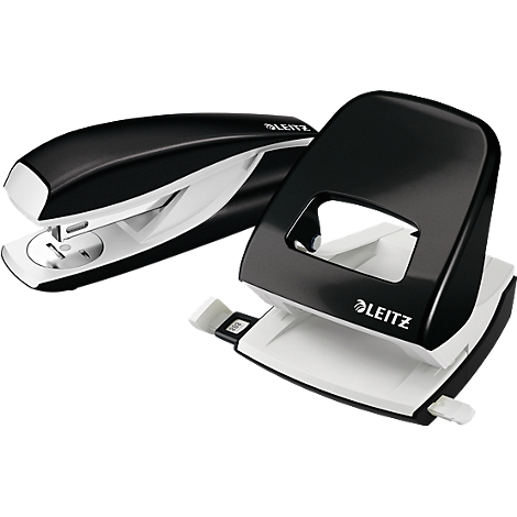 Black stapler and hole punch, Leitz brand. Both have white accents and are on a white background.