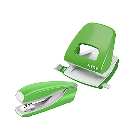 Green stapler and hole punch, Leitz brand. Both stationery items are pictured against a white background.