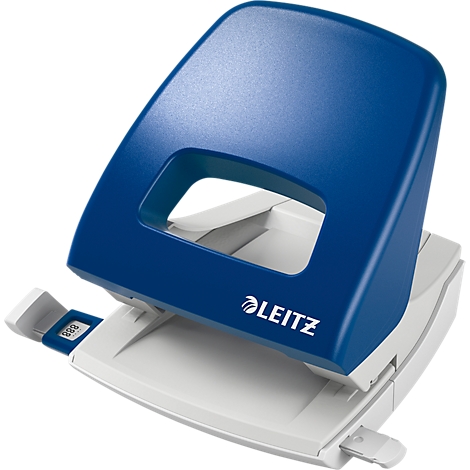 Blue Leitz paper punch. White-gray housing. The number of holes is visible on the front. The logo can be seen on the side.