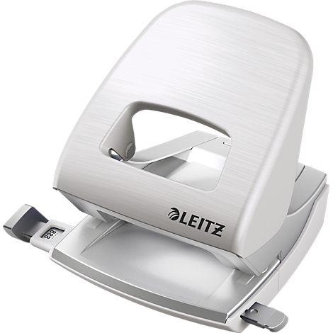 White Leitz paper punch. Anthracite handle and collection tray. The hole number is indicated on the front.