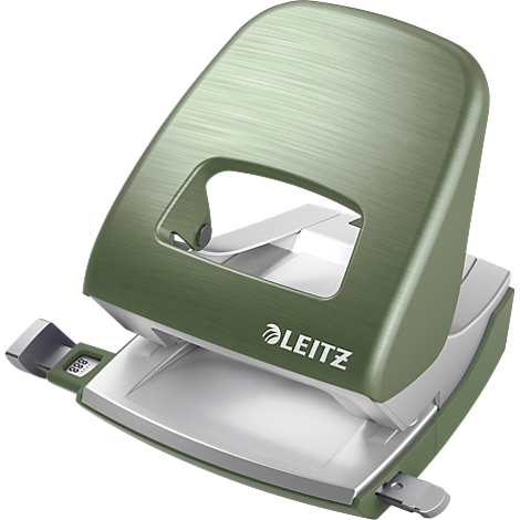 A green hole punch by the brand LEITZ, with silver elements. The device is photographed slightly diagonally from above.