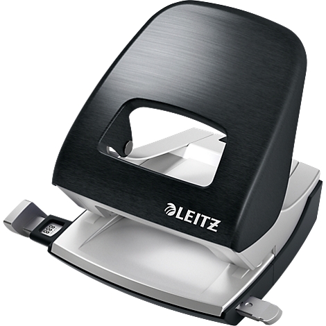 Black Leitz hole punch. The punch has a silver base and a black handle.