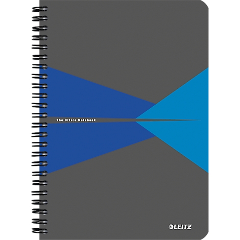 Grey notebook with spiral binding and blue-grey design. The words "The Office Notebook" are visible.