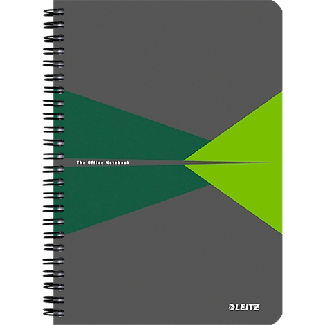 Grey notebook with spiral binding. A green and a light green triangle form a pattern. Inscription: The Office Notebook, Leitz logo.