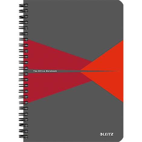 Gray notebook with red and orange design, spiral binding. Text: "The Office Notebook", logo: Leitz.