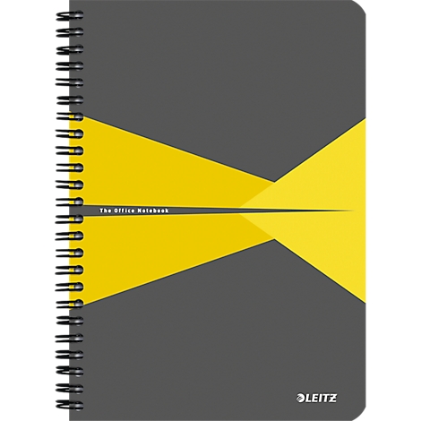 Gray notebook with yellow design. The cover says "The Office Notebook" and the Leitz logo.