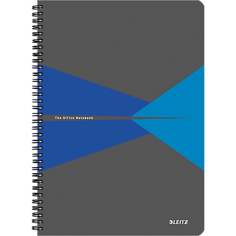 Gray notebook with blue geometric design and spiral binding. The text 'The Office Notebook' and the LEITZ logo are visible.