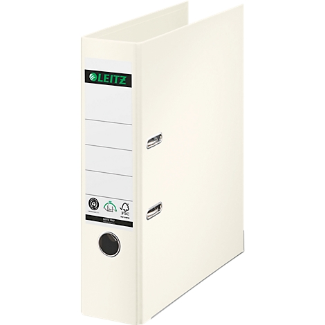 Ein cremefarbener Leitz-Ordner steht aufrecht. Der Ordner hat das Leitz-Logo, vertikale Streifen und Metallringe.