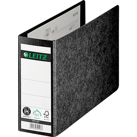 Schwarzer Leitz-Ordner, teilweise geöffnet, mit Etikett und Leitz-Logo.