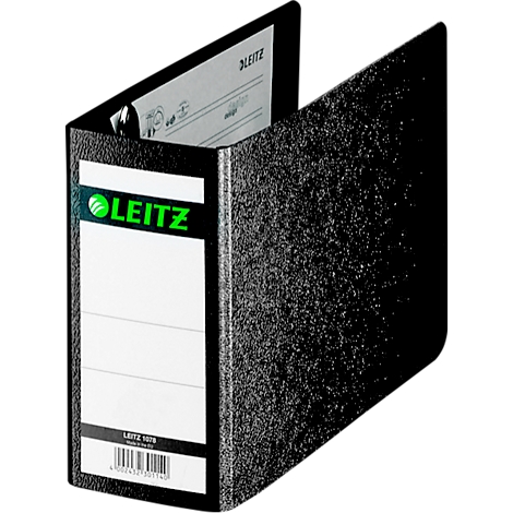 Schwarzer Leitz-Ordner, geöffnet. Auf dem Etikett steht "LEITZ".