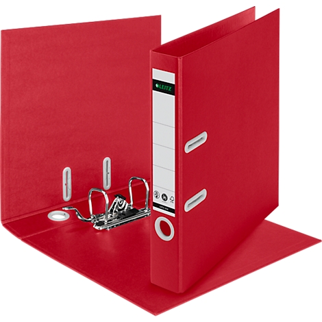 Roter Aktenordner, offen, mit metallenem Ringmechanismus und weißem Rücken.